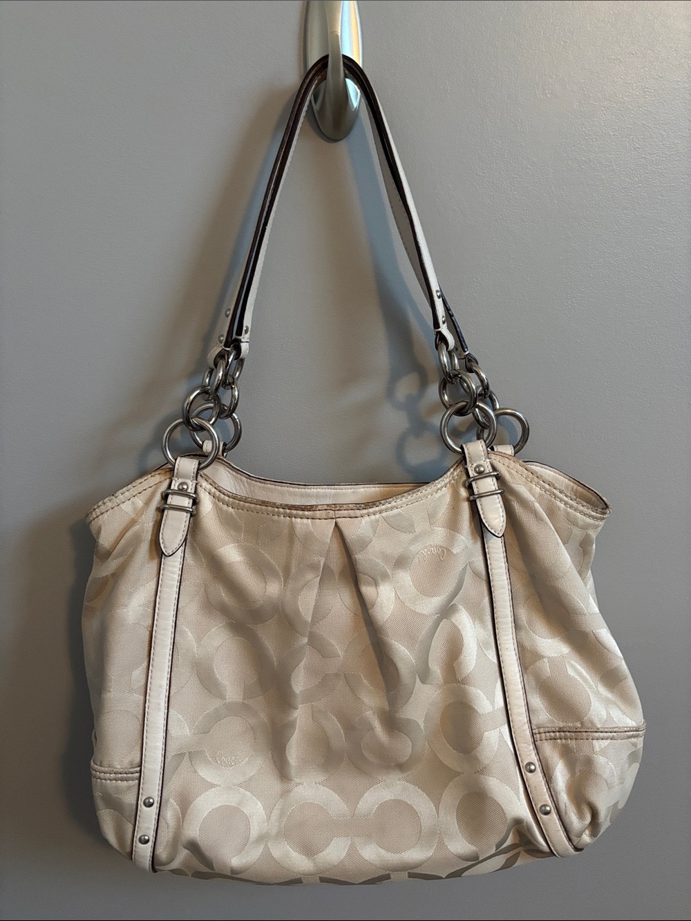 Coach H 1077-16233 Jacqard Beige Signature Shoulder Bag with Silver Hardware